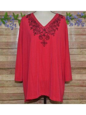 Susan Graver Women's Red Beaded 3/4 Sleeve V-Neck Blouse Top Plus Size 3X